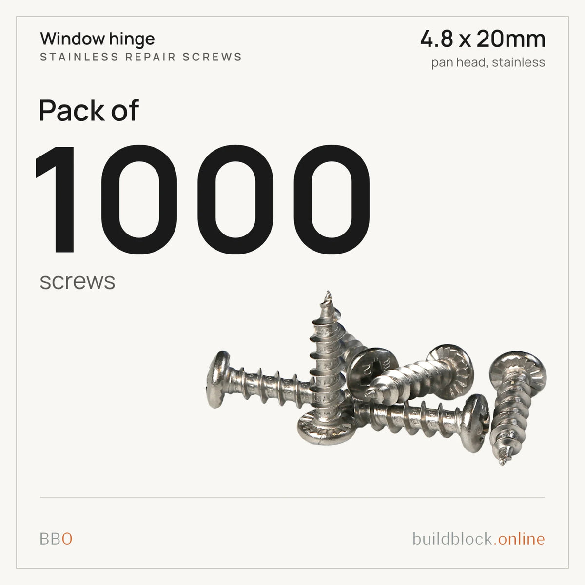 Box of 1000 stainless repair screws 4.8 x 20mm