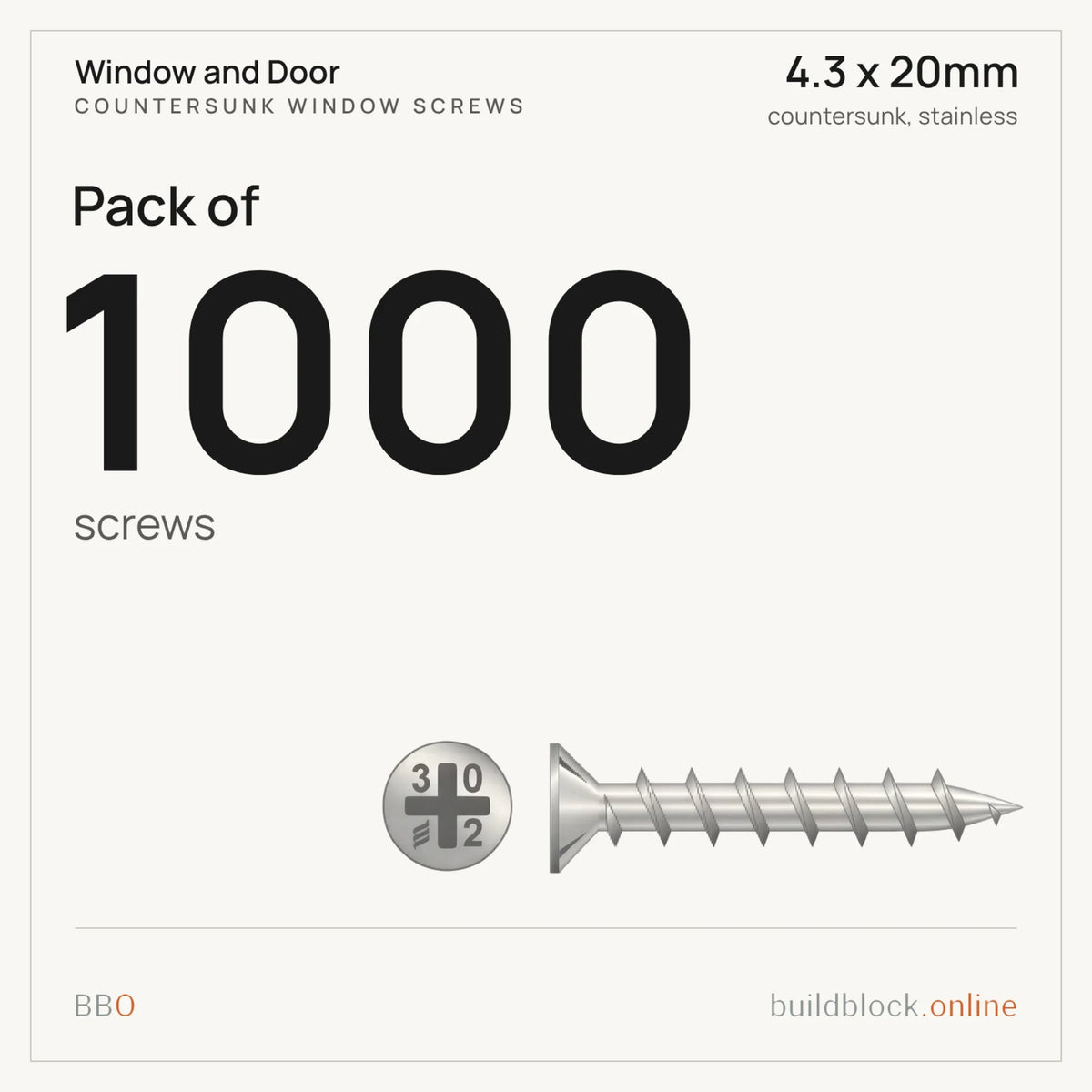Pack of 1000 stainless countersunk window screw 4.3 x 20mm