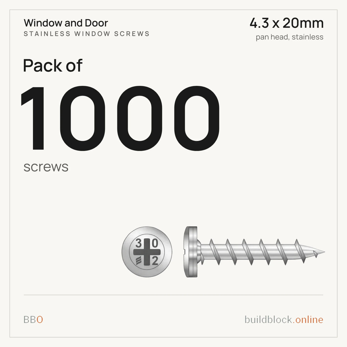 Pack of 1000 stainless pan head window screw 4.3 x 20mm