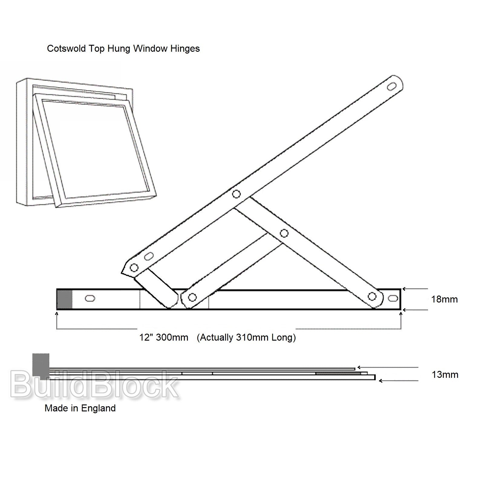 12" Top Hung Window Hinges Drawing