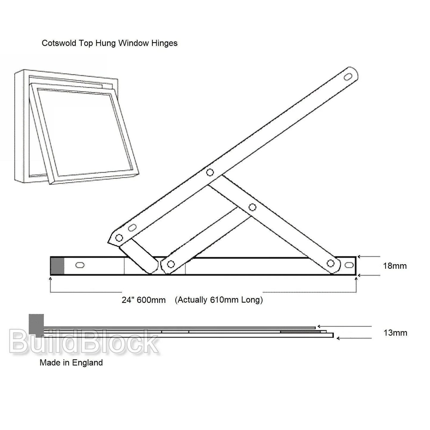 24" Top Hung Pair of Window Hinges - Build Block Online Ltd