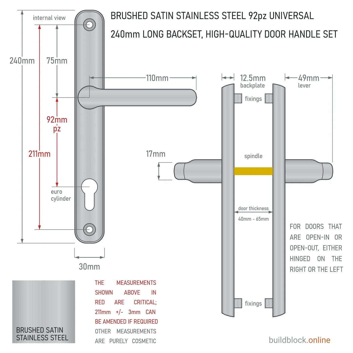 Dimension drawing of the brushed satin stainless steel 240mm Winlock 92pz sprung lever door handle set: 211mm fixing centres, 92mm PZ, 110mm lever, 30mm backplate, 49mm lever projection from the 12.5mm backplate; internal and side views on a white ground.