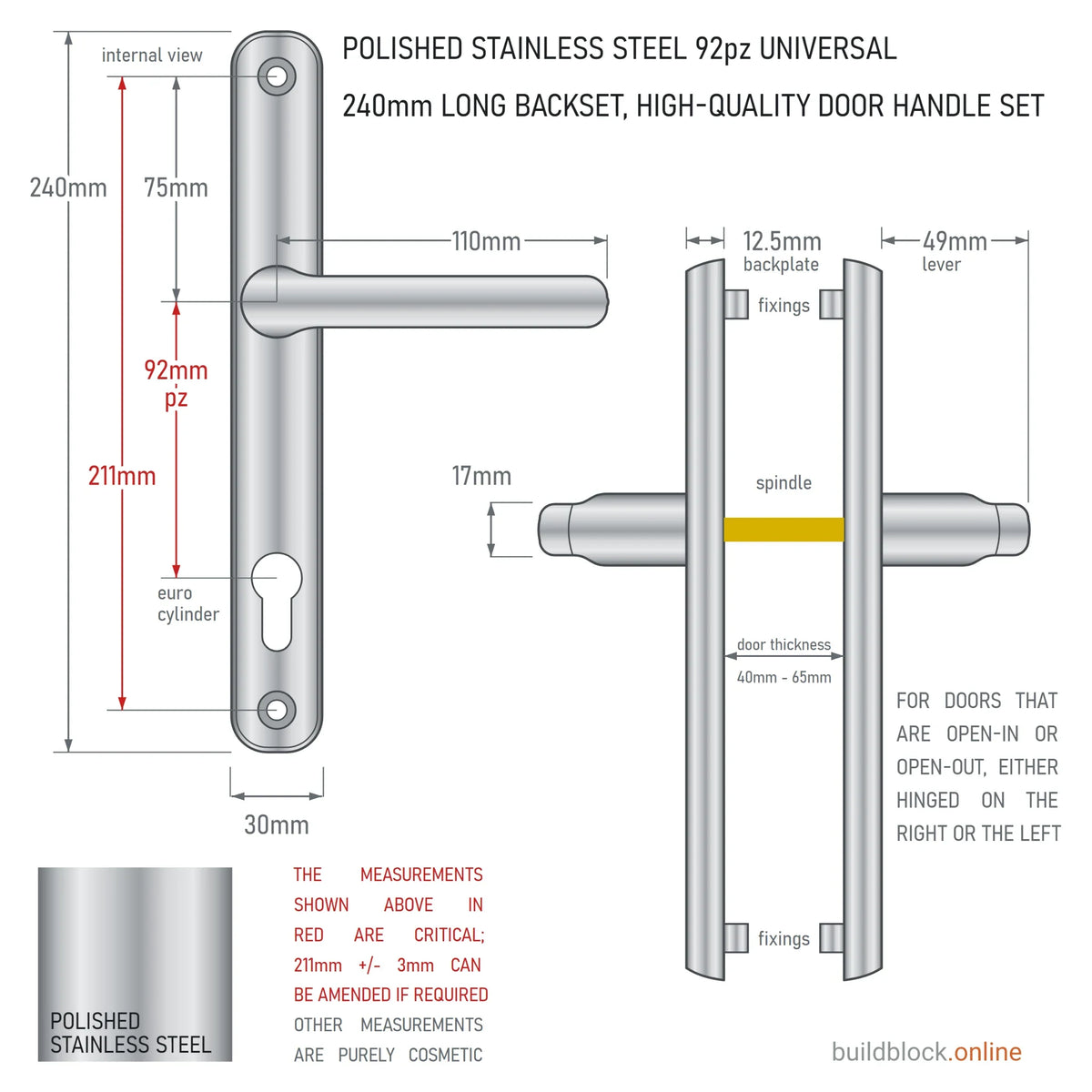 Dimension drawing of the polished stainless steel 240mm Winlock 92pz sprung lever door handle set: 211mm fixing centres, 92mm PZ, 110mm lever, 30mm backplate, 49mm lever projection from the 12.5mm backplate; internal and side views on a white ground.