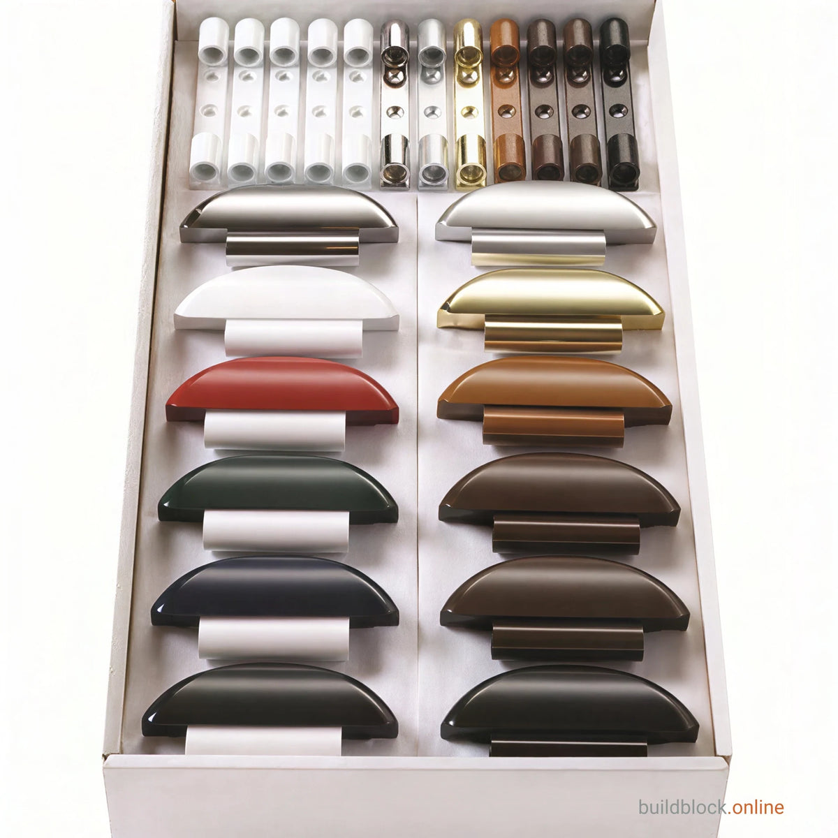 The SFS hinge cover and cap range in its display box.