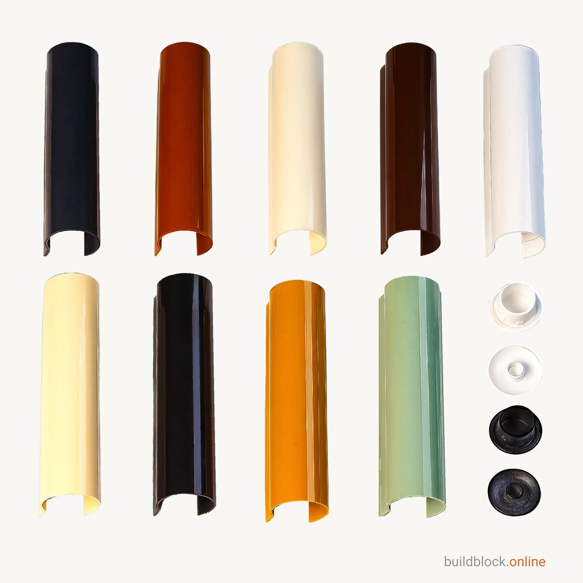 SFS Intec 2D door hinge barrel covers in two rows of colours, with white and black push-on top and bottom caps