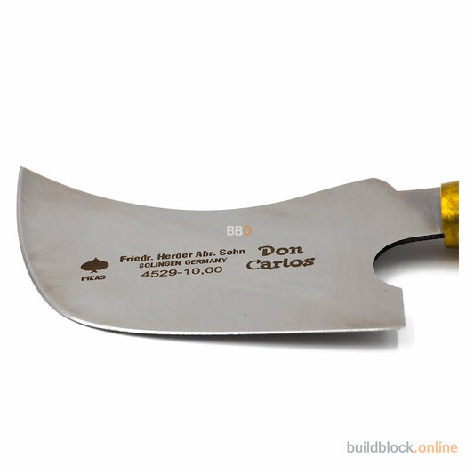 Don Carlos curved stainless steel putty knife with engraved text and wooden handle