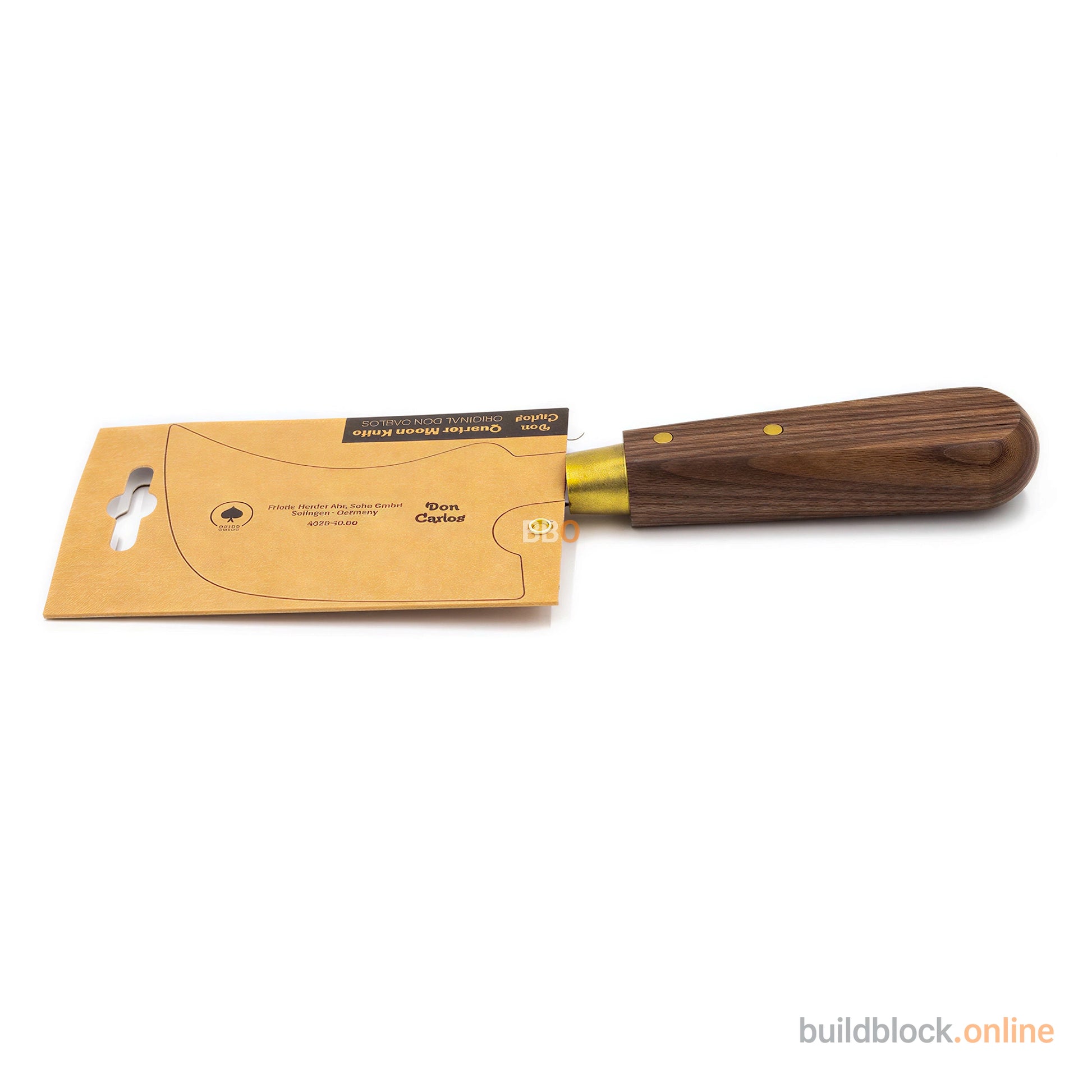 Cleaver-style moon knife with wooden handle and cardboard blade cover on white background