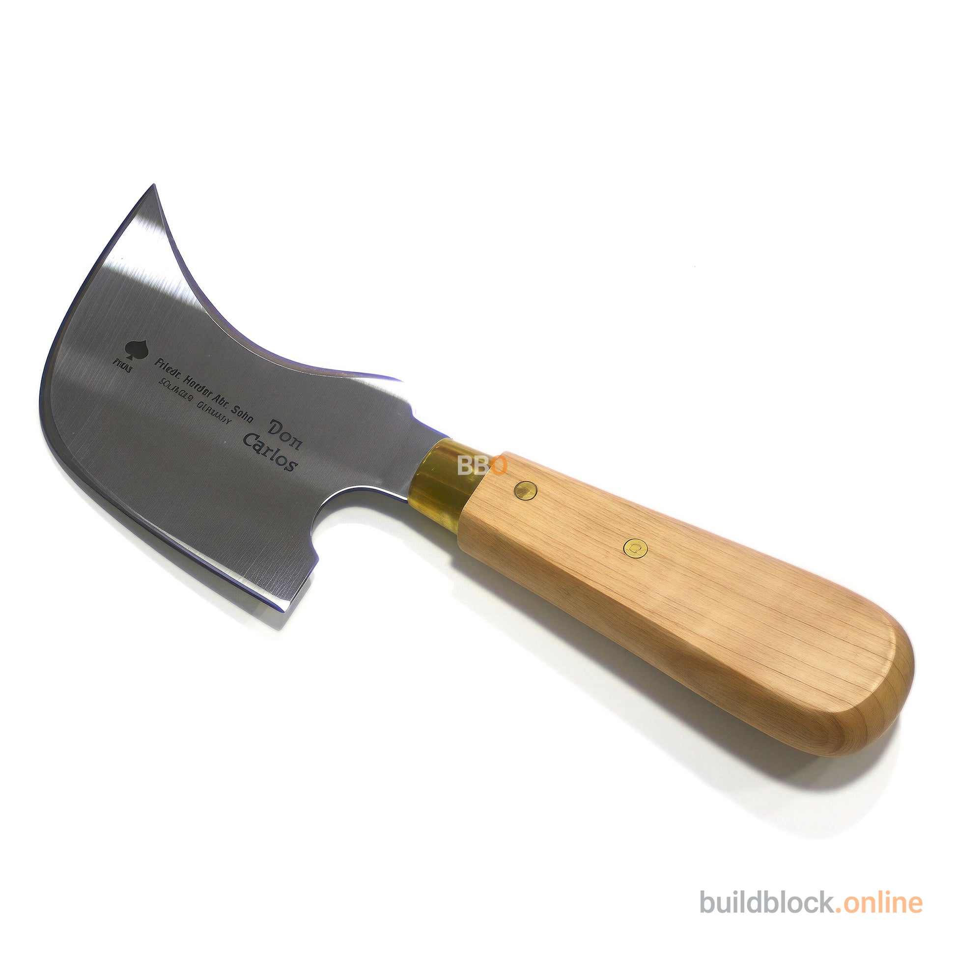 Curved stainless steel glazing knife with wooden handle on white background