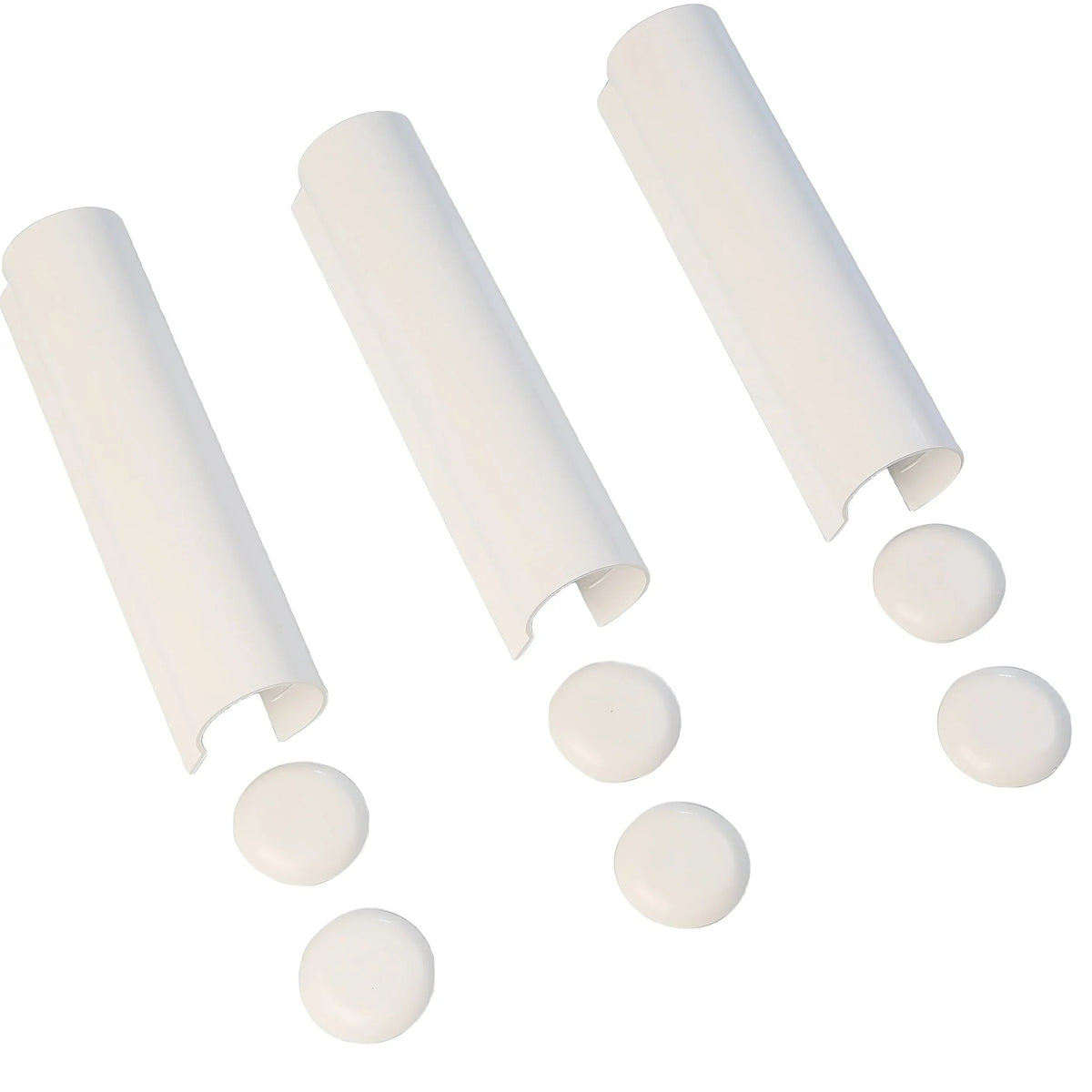 Three white SFS Intec 2D hinge barrel covers with three white end caps