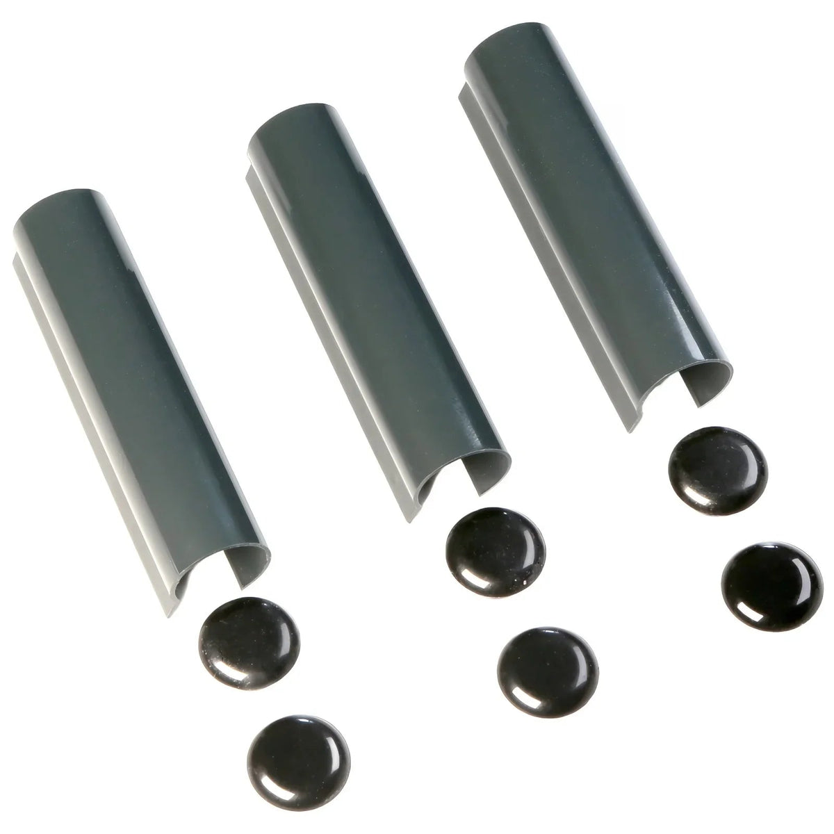 Three anthracite grey SFS Intec 2D hinge barrel covers with black end caps