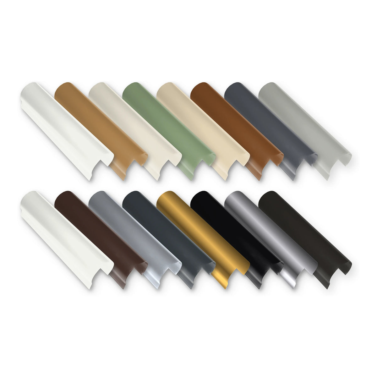 SFS hinge barrel covers in 16 colours, two rows of eight, on a white background.
