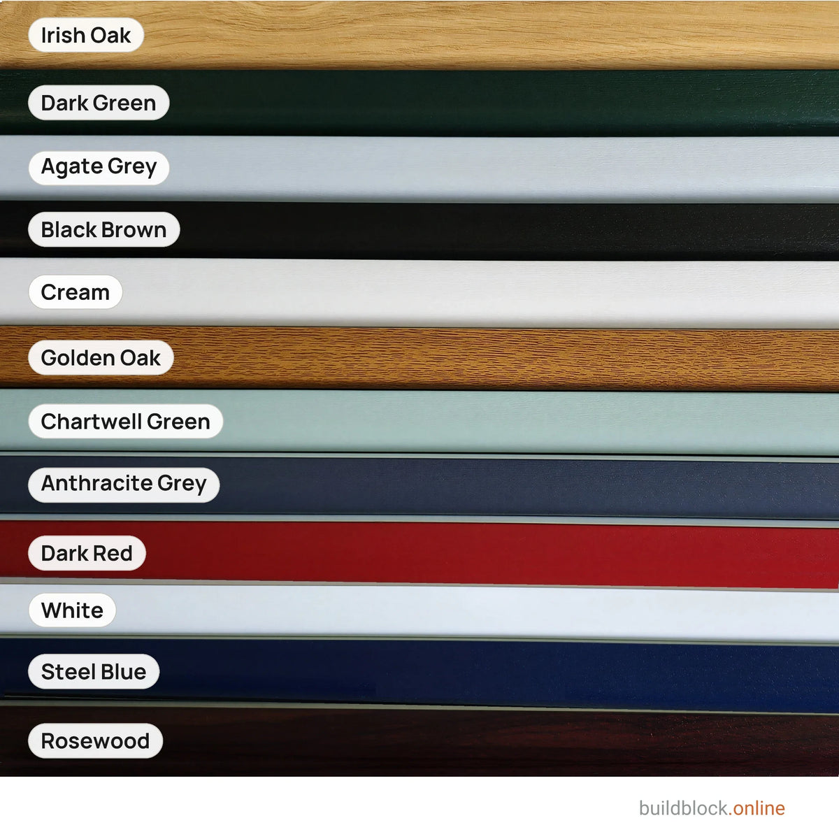 uPVC door weather bars - the twelve foils named: Irish Oak, Dark Green, Agate Grey, Black Brown, Cream, Golden Oak, Chartwell Green, Anthracite Grey, Dark Red, White, Steel Blue, Rosewood