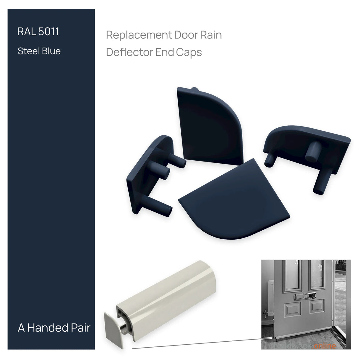 Pair of uPVC door weather bar end caps in Steel Blue (RAL 5011)