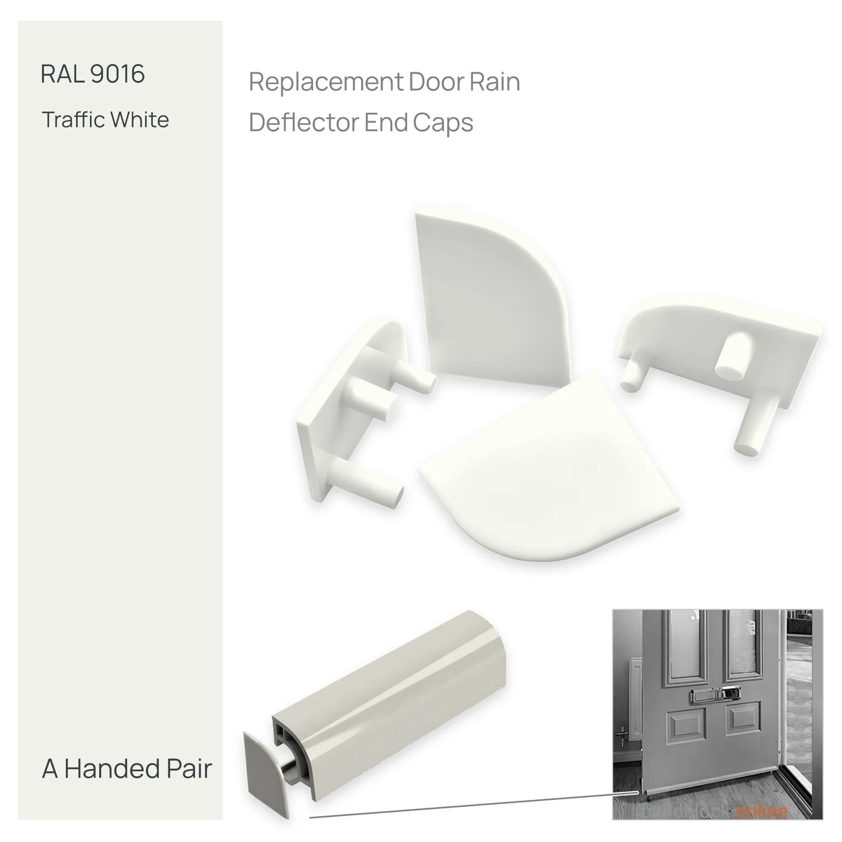 Pair of uPVC door weather bar end caps in Traffic White (RAL 9016)