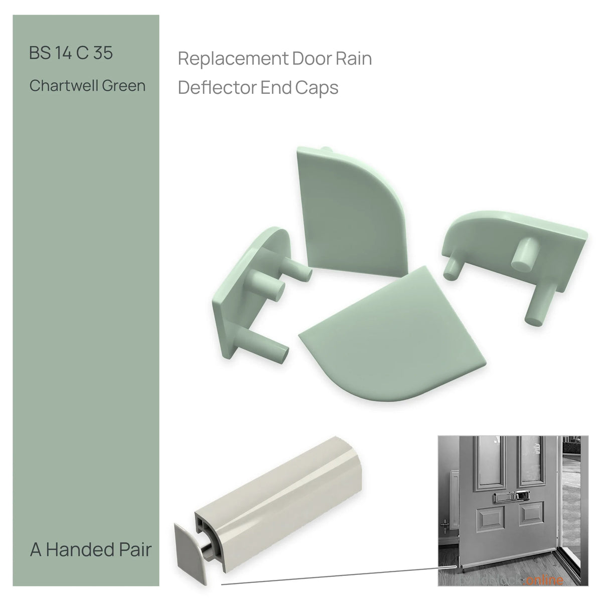 Pair of uPVC door weather bar end caps in Chartwell Green (BS 14 C 35)
