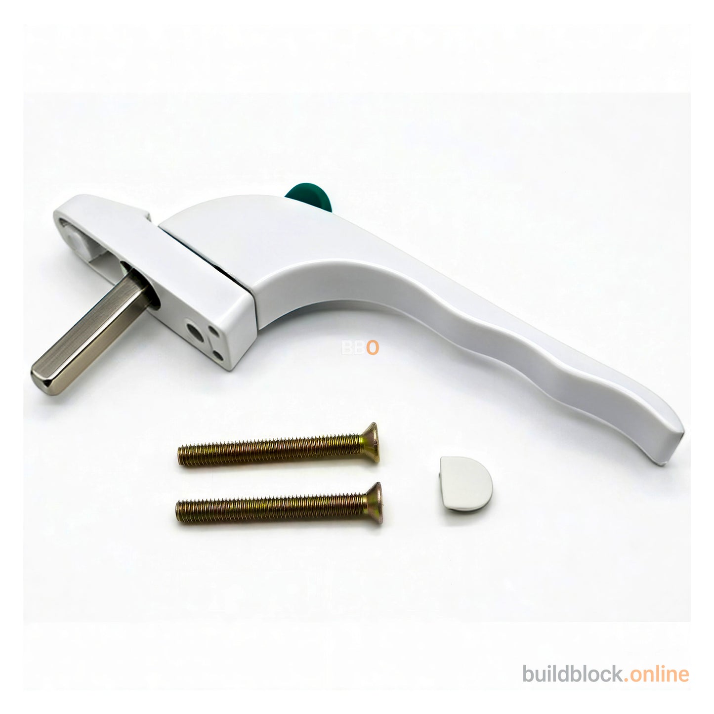 White fire escape window handle with fixing screws and cover cap on white background