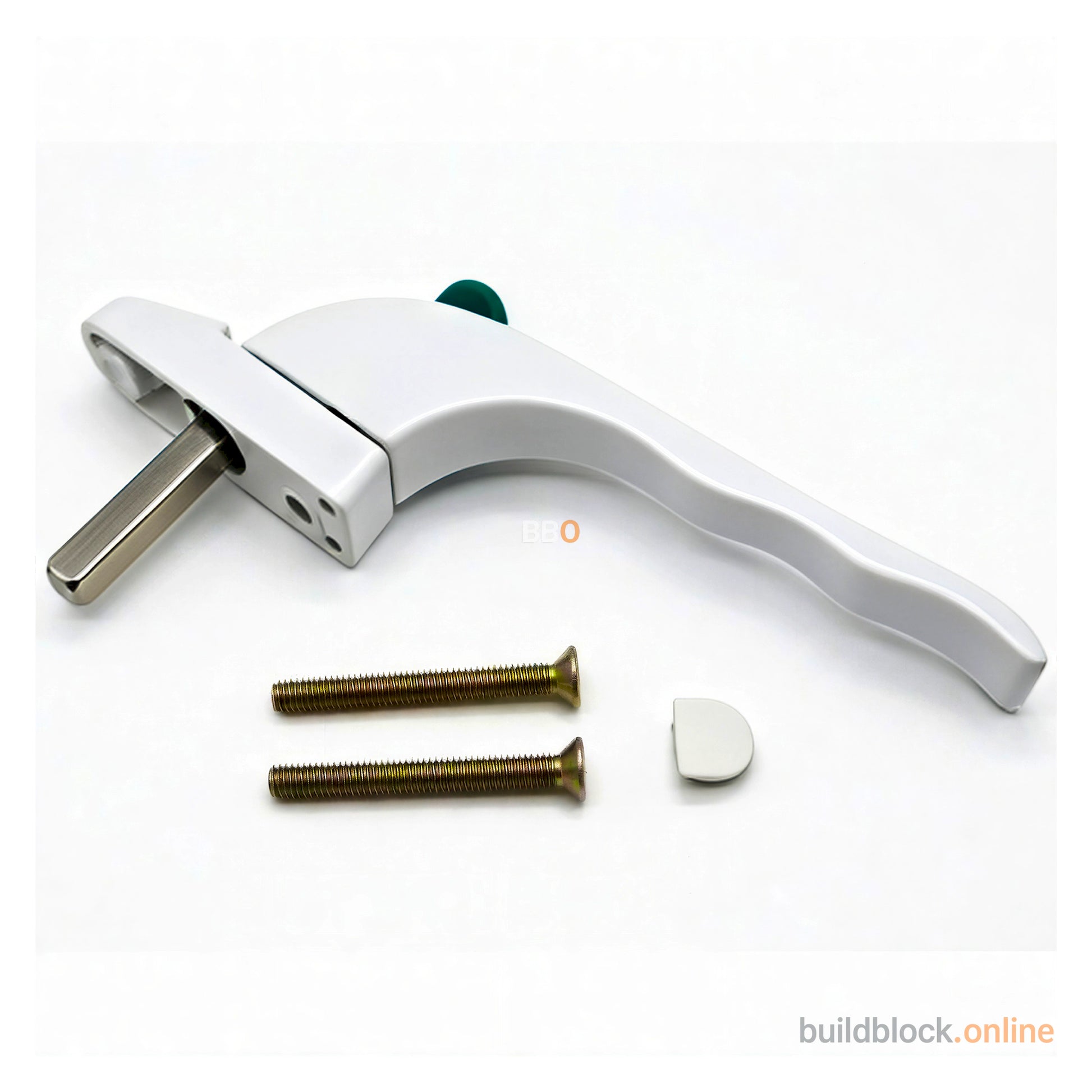 White fire escape window handle with fixing screws and cover cap on white background