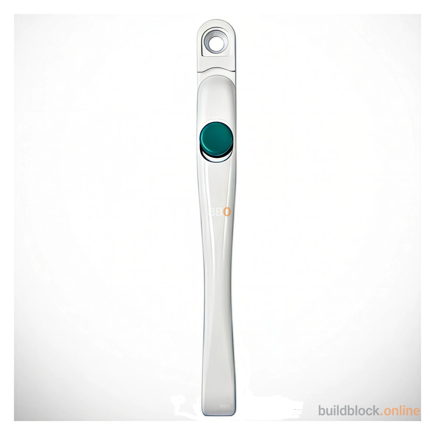 White fire escape window handle with green button, suitable for uPVC or aluminium windows