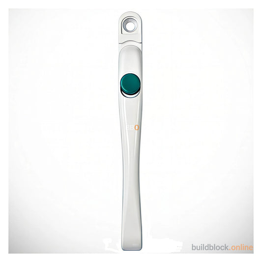 White fire escape window handle with green button, suitable for uPVC or aluminium windows