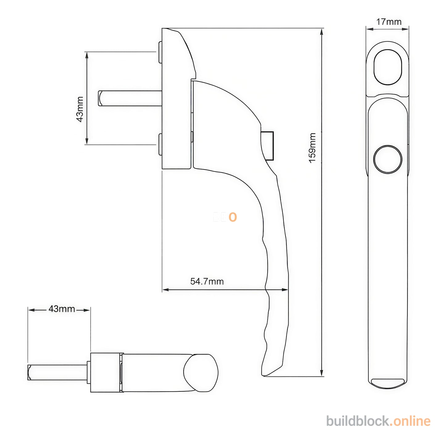 Technical drawing of fire escape window handle with precise measurements in millimetres