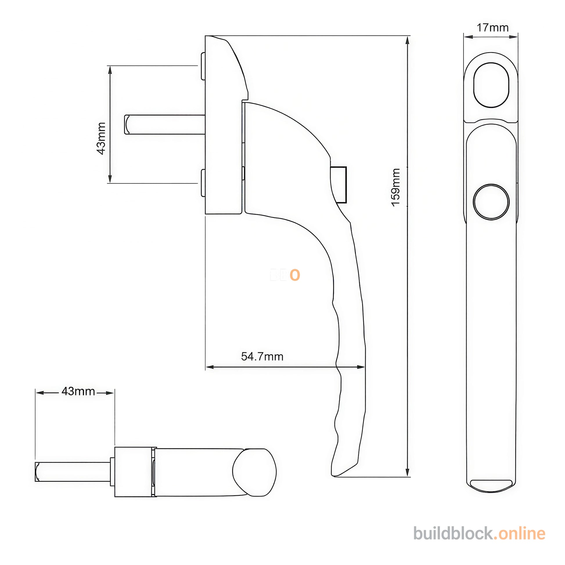 Technical drawing of fire escape window handle with precise measurements in millimetres