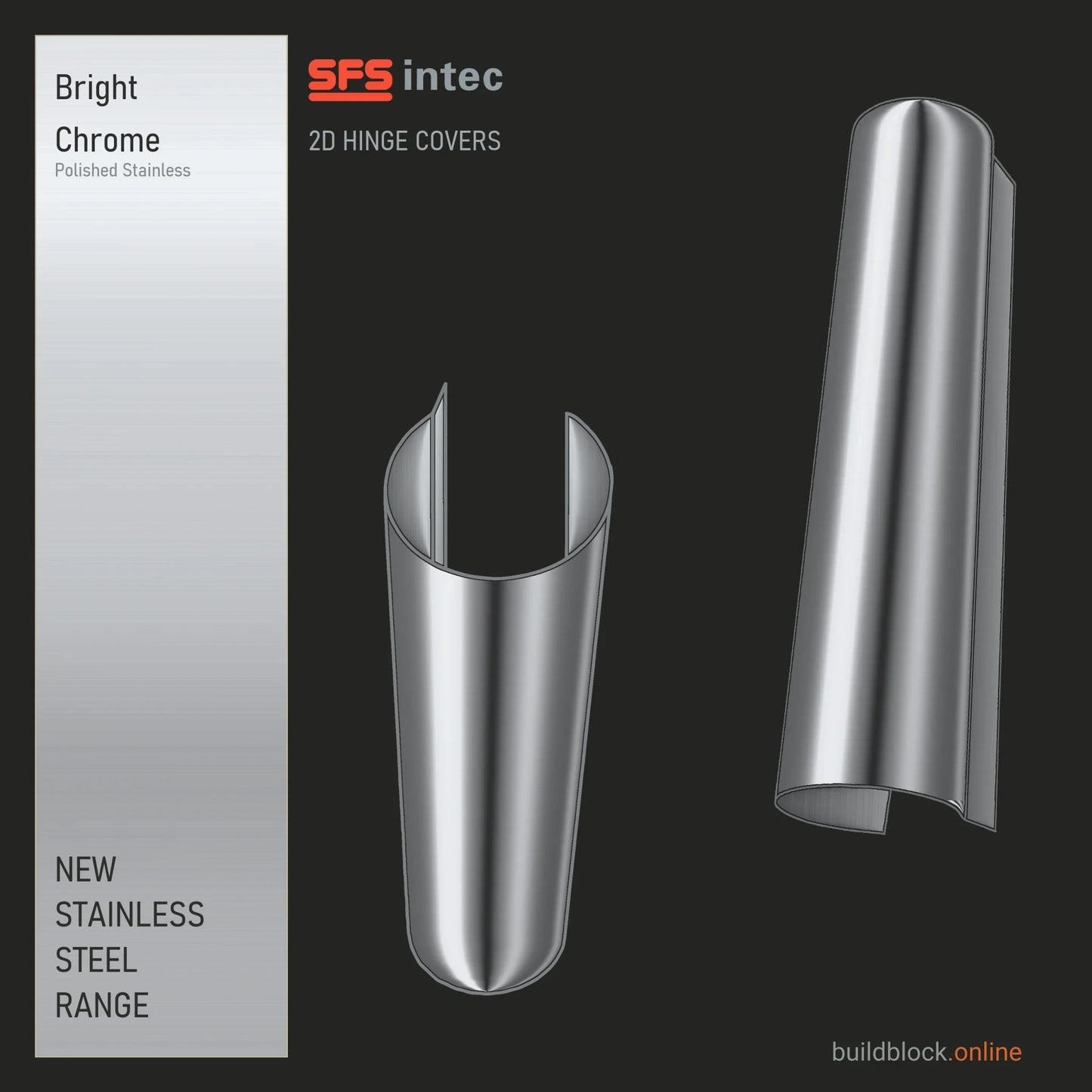 SFS Intec 2D door hinge barrel cover, stainless steel, bright chrome polished stainless, single cover