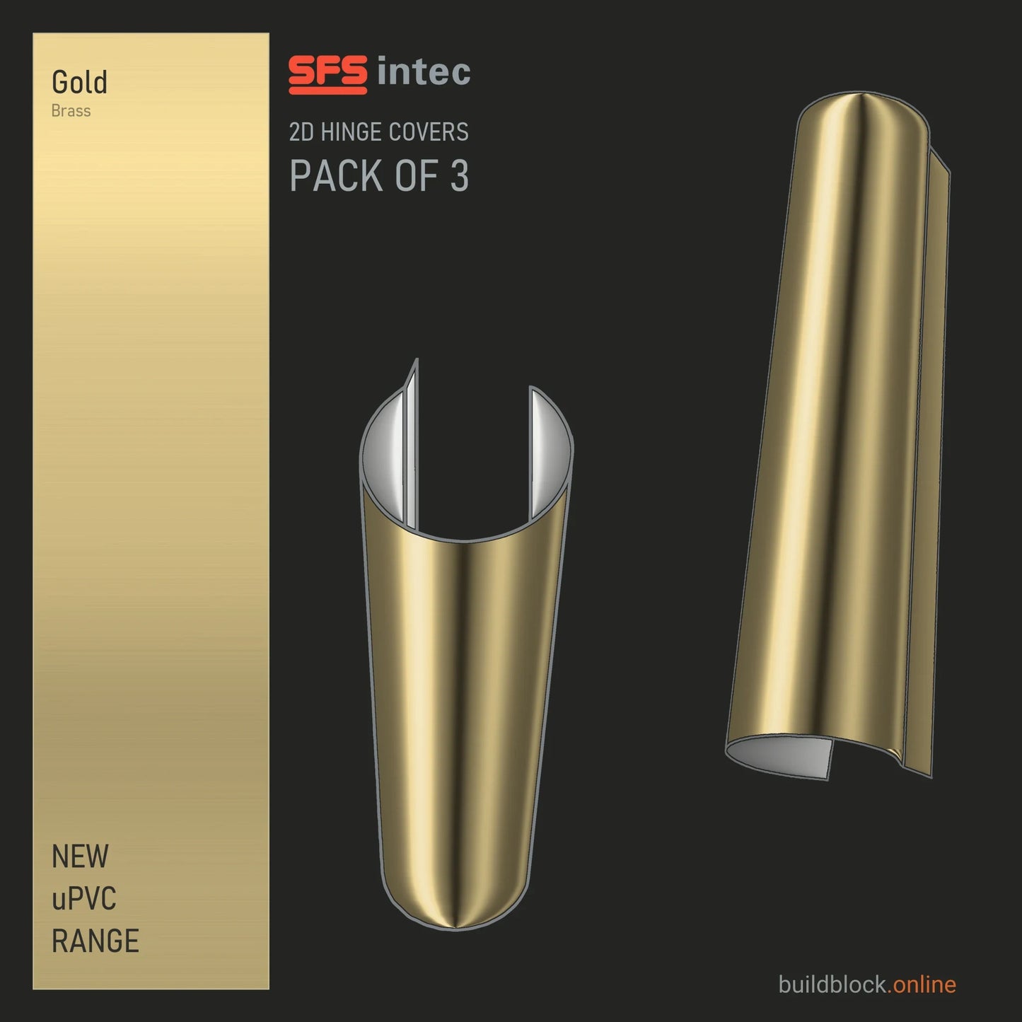 SFS Intec 2D door hinge barrel cover, uPVC, gold brass, pack of 3