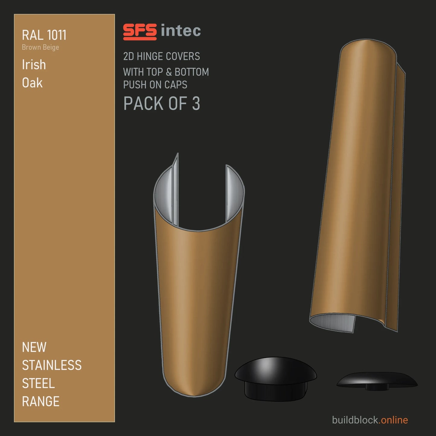 SFS Intec 2D door hinge barrel cover, stainless steel, RAL 1011 Irish Oak (Brown Beige), pack of 3 with top and bottom push-on caps