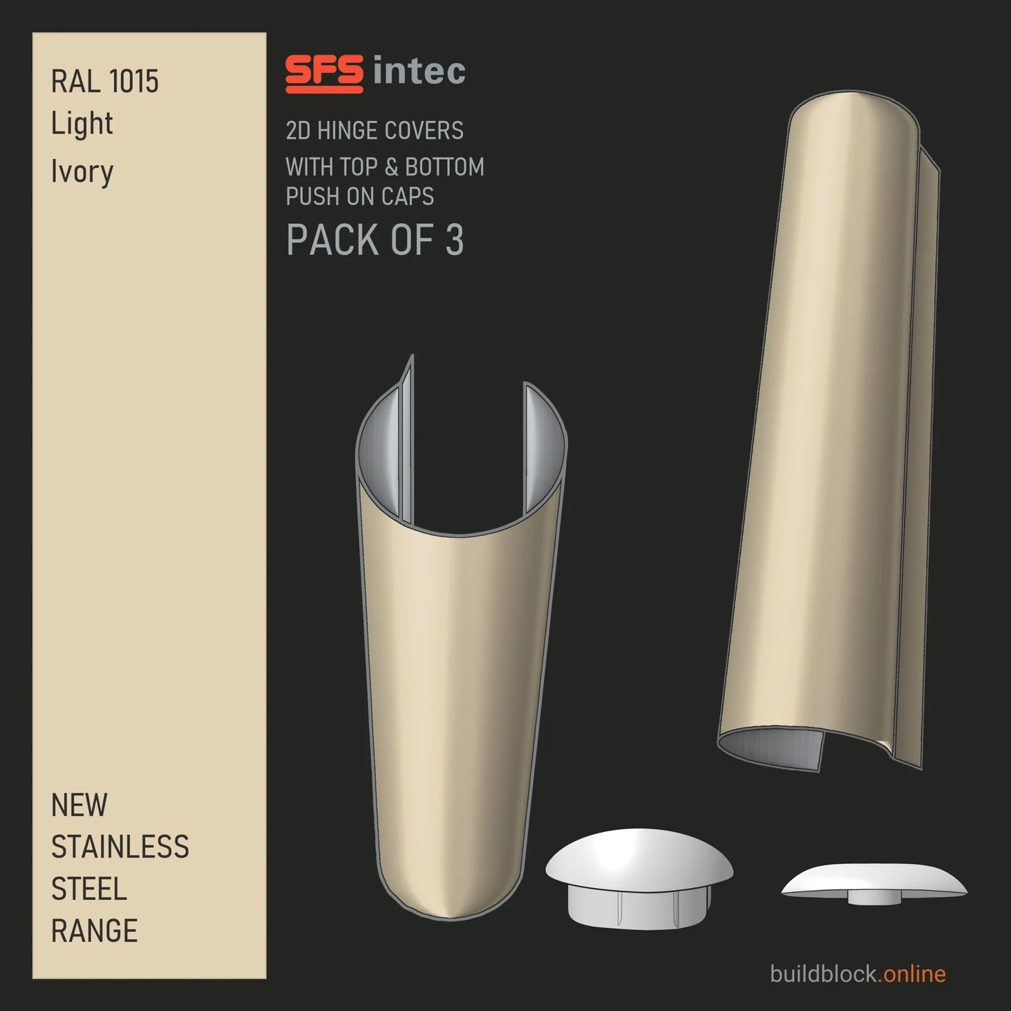 SFS Intec 2D door hinge barrel cover, stainless steel, RAL 1015 Light Ivory, pack of 3 with top and bottom push-on caps