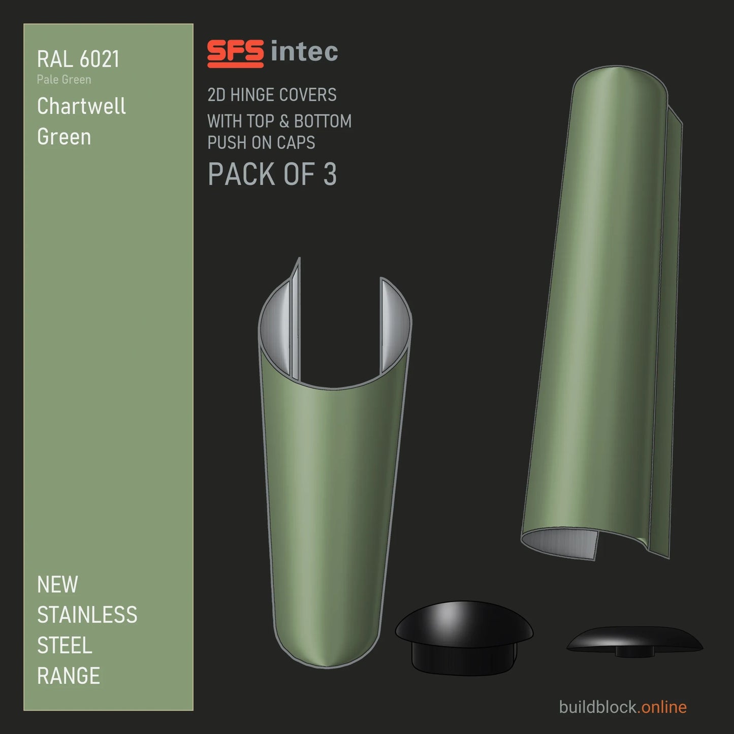 SFS Intec 2D door hinge barrel cover, stainless steel, RAL 6021 Chartwell Green (Pale Green), pack of 3 with top and bottom push-on caps