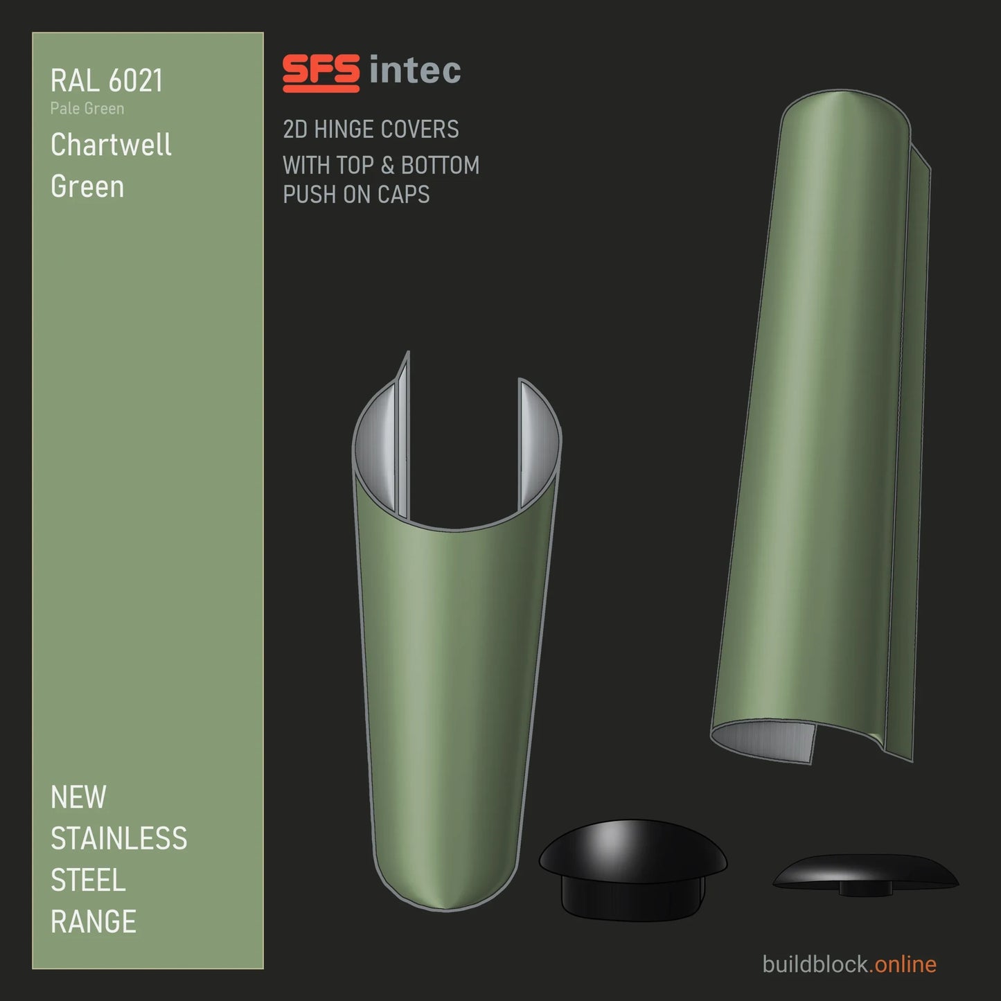 SFS Intec 2D door hinge barrel cover, stainless steel, RAL 6021 Chartwell Green (Pale Green), single cover with top and bottom push-on caps