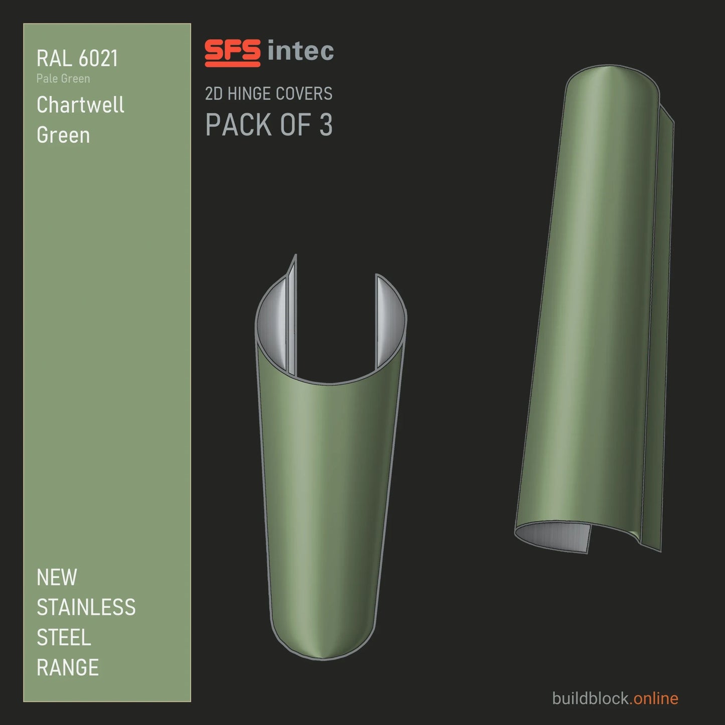 SFS Intec 2D door hinge barrel cover, stainless steel, RAL 6021 Chartwell Green (Pale Green), pack of 3