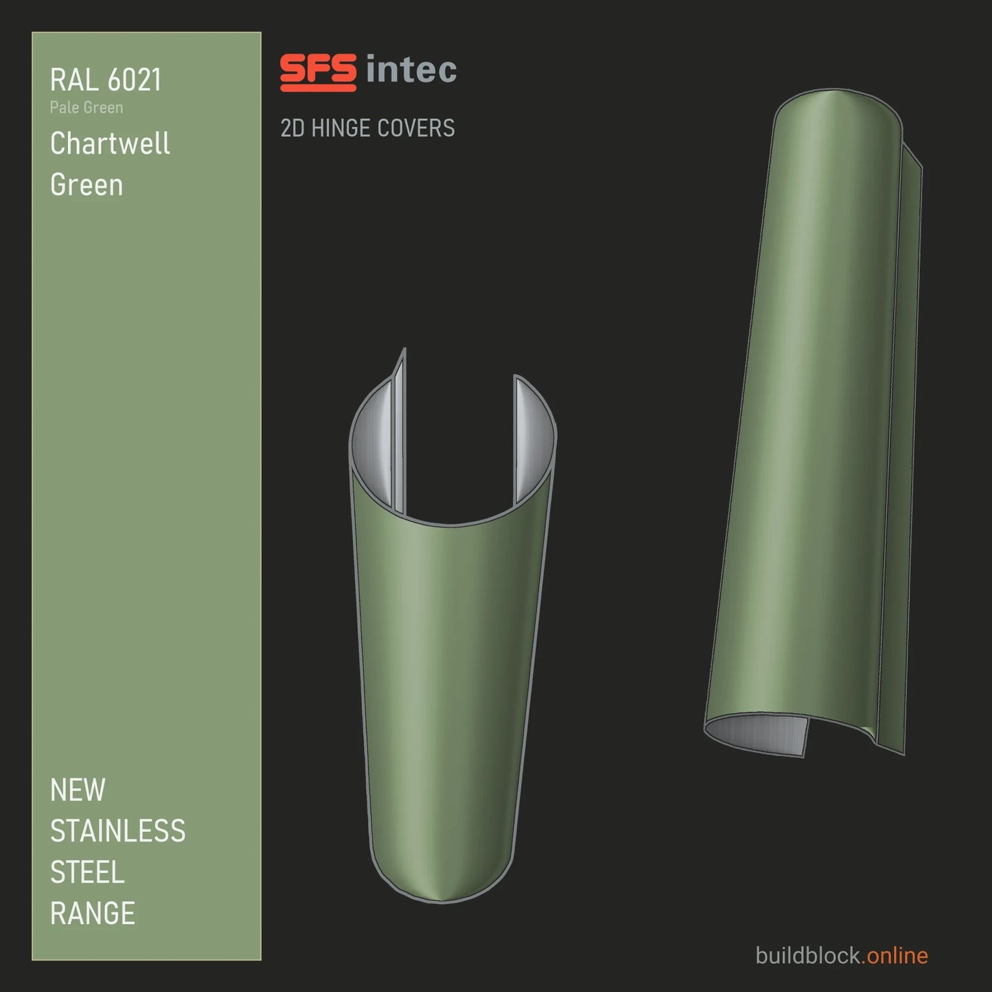 SFS Intec 2D door hinge barrel cover, stainless steel, RAL 6021 Chartwell Green (Pale Green), single cover