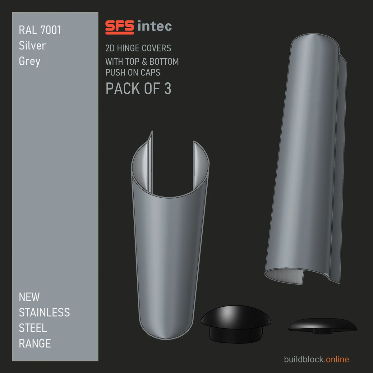 SFS Intec 2D door hinge barrel cover, stainless steel, RAL 7001 Silver Grey, pack of 3 with top and bottom push-on caps