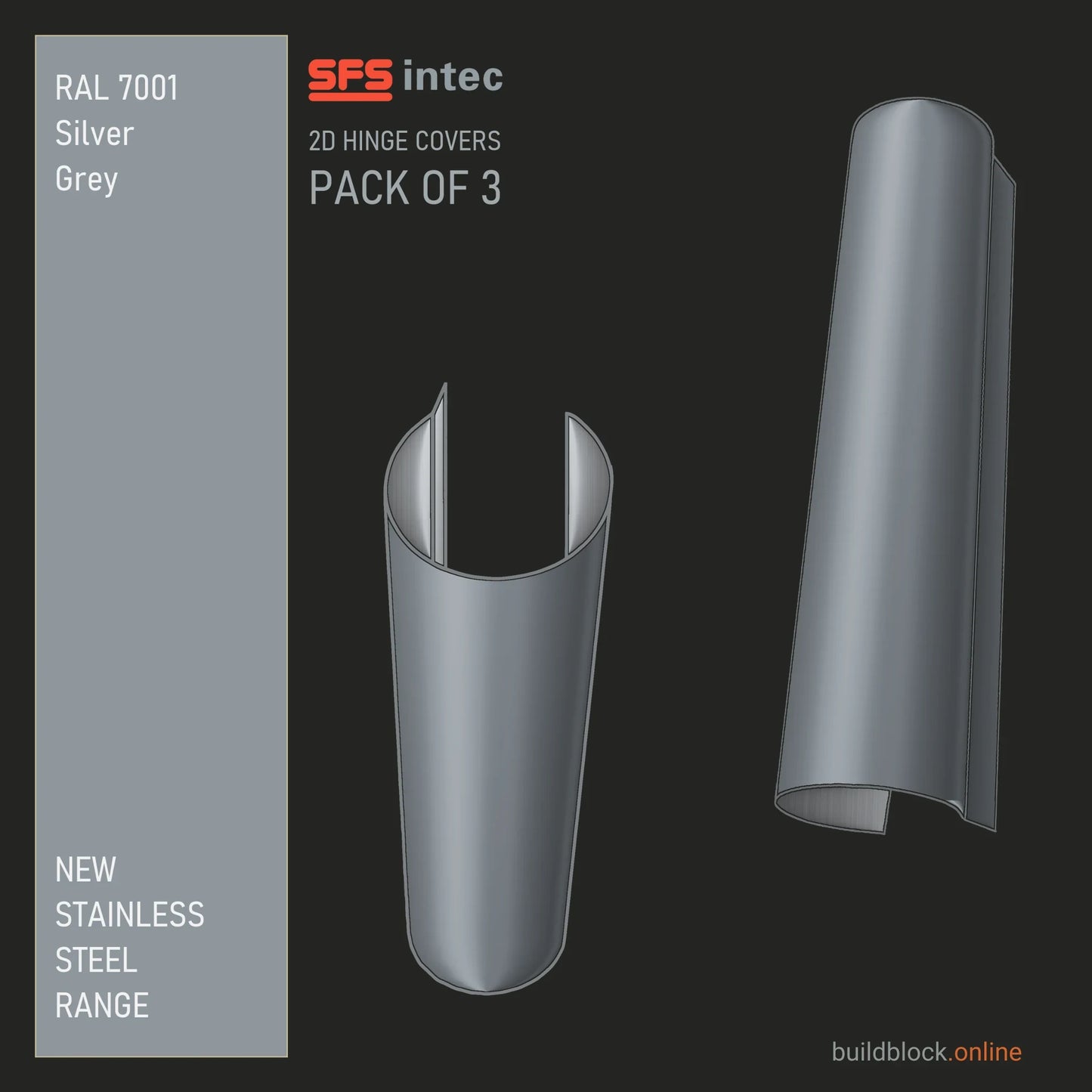 SFS Intec 2D door hinge barrel cover, stainless steel, RAL 7001 Silver Grey, pack of 3