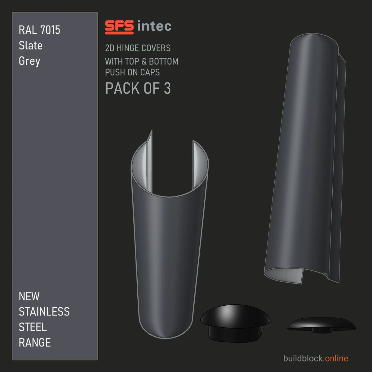 SFS Intec 2D door hinge barrel cover, stainless steel, RAL 7015 Slate Grey, pack of 3 with top and bottom push-on caps