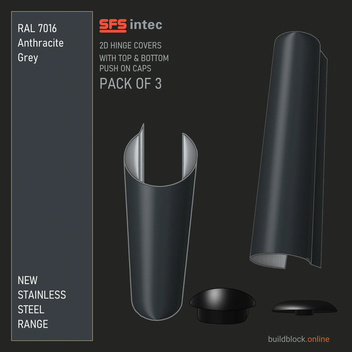 SFS Intec 2D door hinge barrel cover, stainless steel, RAL 7016 Anthracite Grey, pack of 3 with top and bottom push-on caps