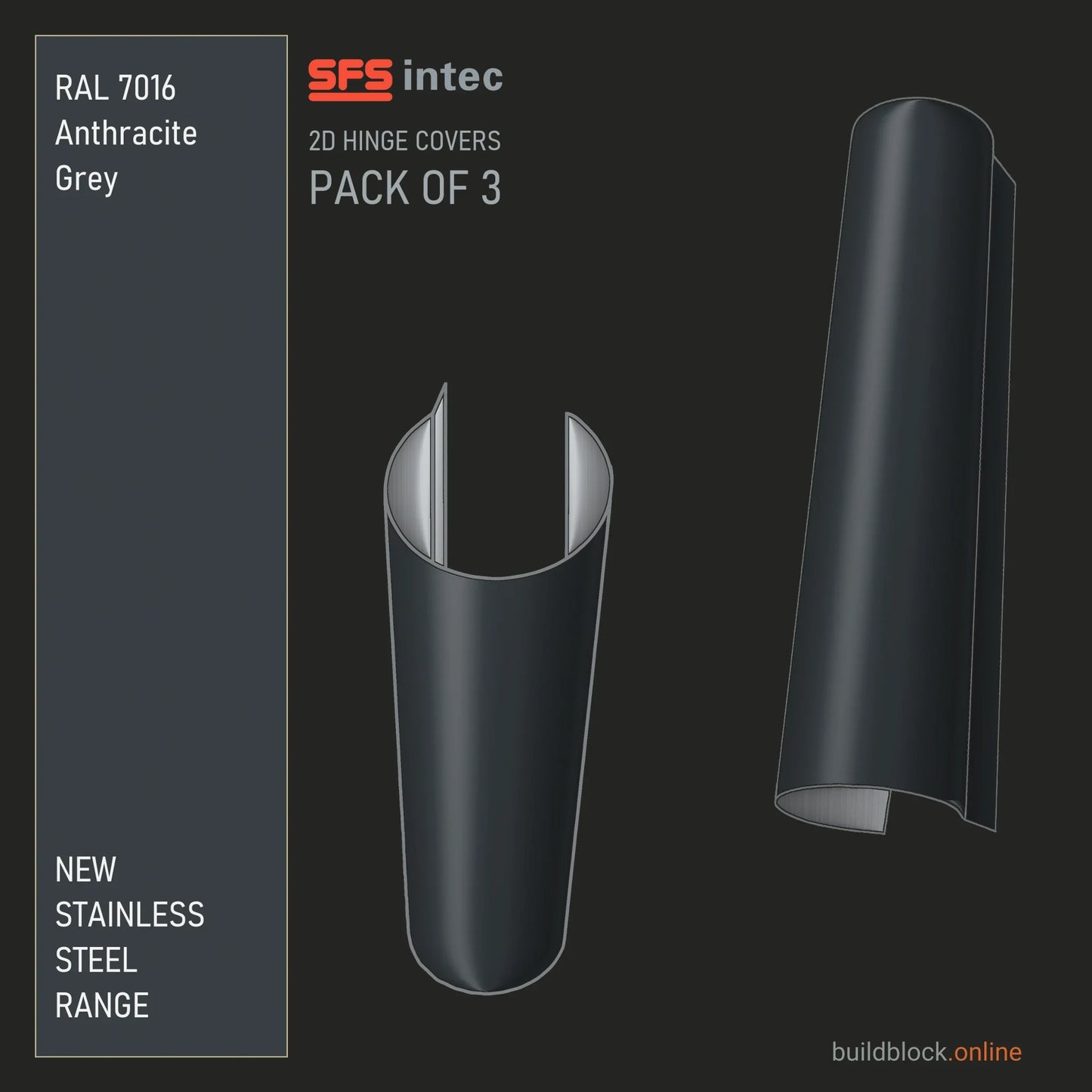 SFS Intec 2D door hinge barrel cover, stainless steel, RAL 7016 Anthracite Grey, pack of 3