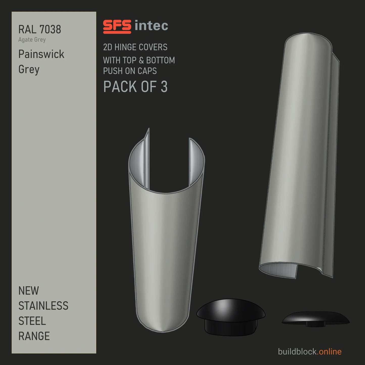 SFS Intec 2D door hinge barrel cover, stainless steel, RAL 7038 Painswick Grey (Agate Grey), pack of 3 with top and bottom push-on caps