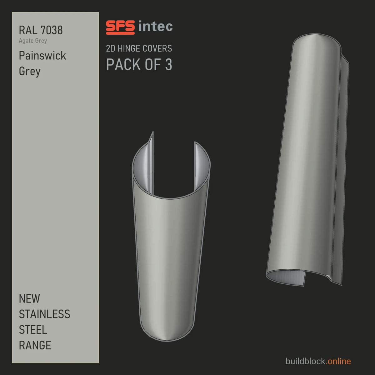 SFS Intec 2D door hinge barrel cover, stainless steel, RAL 7038 Painswick Grey (Agate Grey), pack of 3