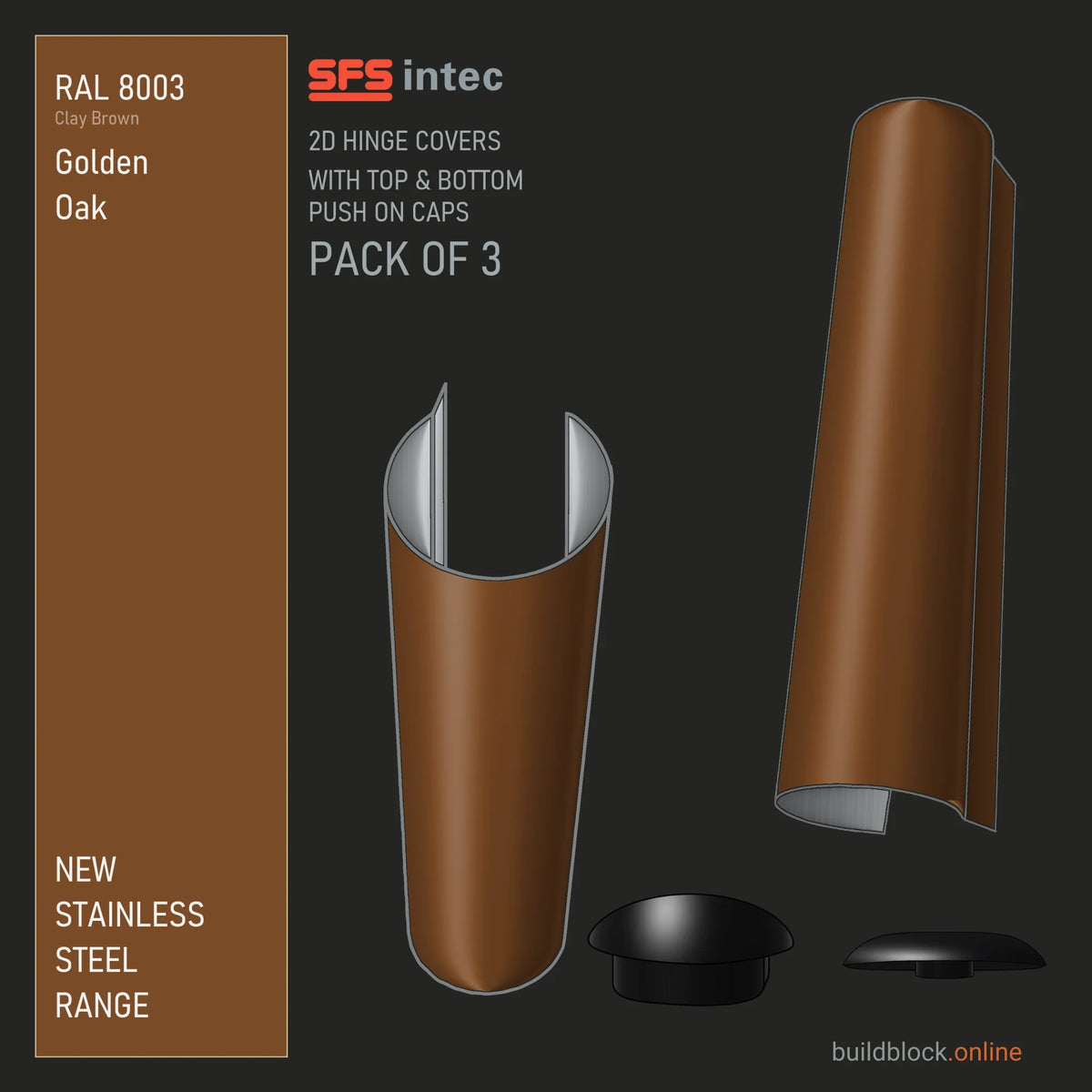 SFS Intec 2D door hinge barrel cover, stainless steel, RAL 8003 Golden Oak (Clay Brown), pack of 3 with top and bottom push-on caps