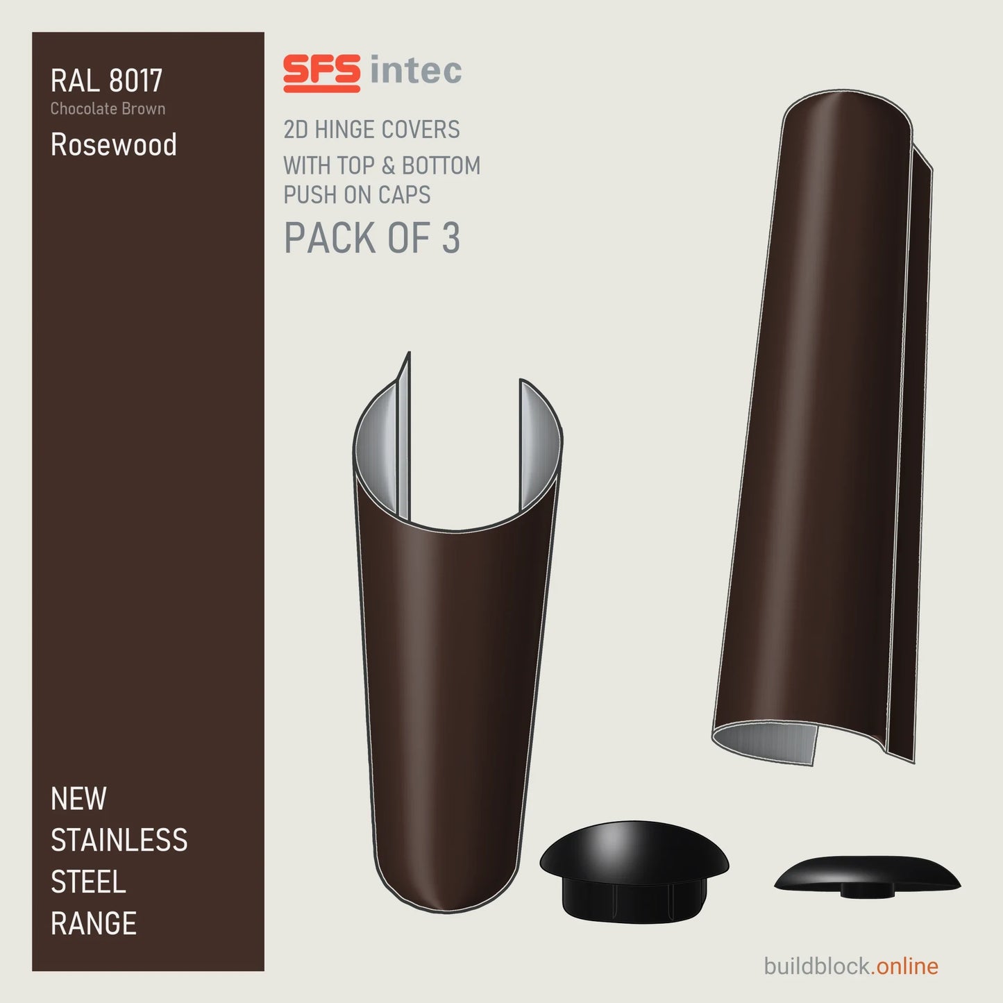 SFS Intec 2D door hinge barrel cover, stainless steel, RAL 8017 Rosewood (Chocolate Brown), pack of 3 with top and bottom push-on caps