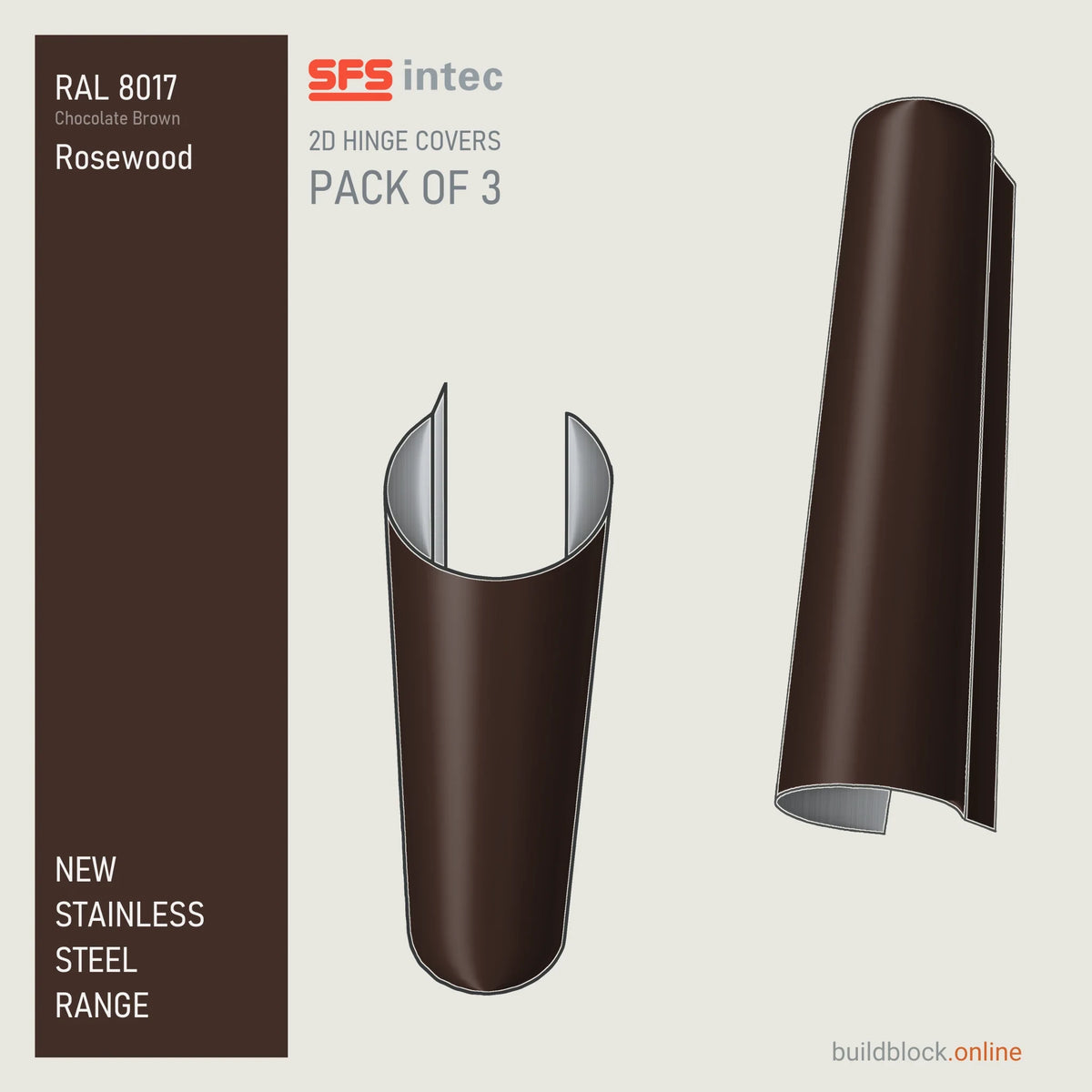 SFS Intec 2D door hinge barrel cover, stainless steel, RAL 8017 Rosewood (Chocolate Brown), pack of 3