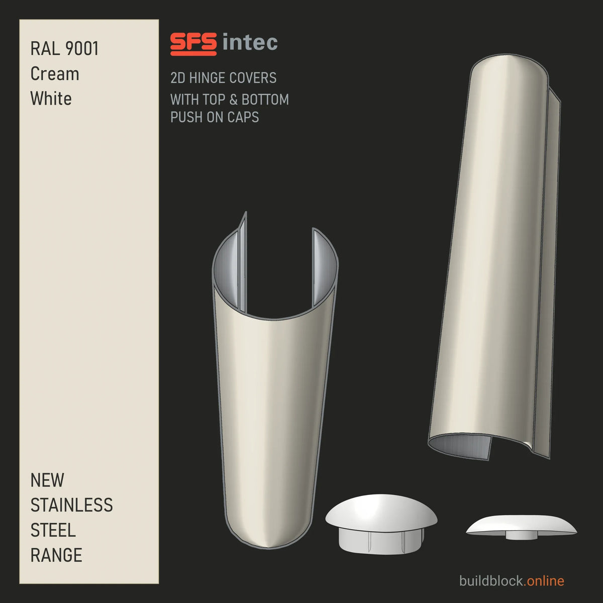 SFS Intec 2D door hinge barrel cover, stainless steel, RAL 9001 Cream White, single cover with top and bottom push-on caps