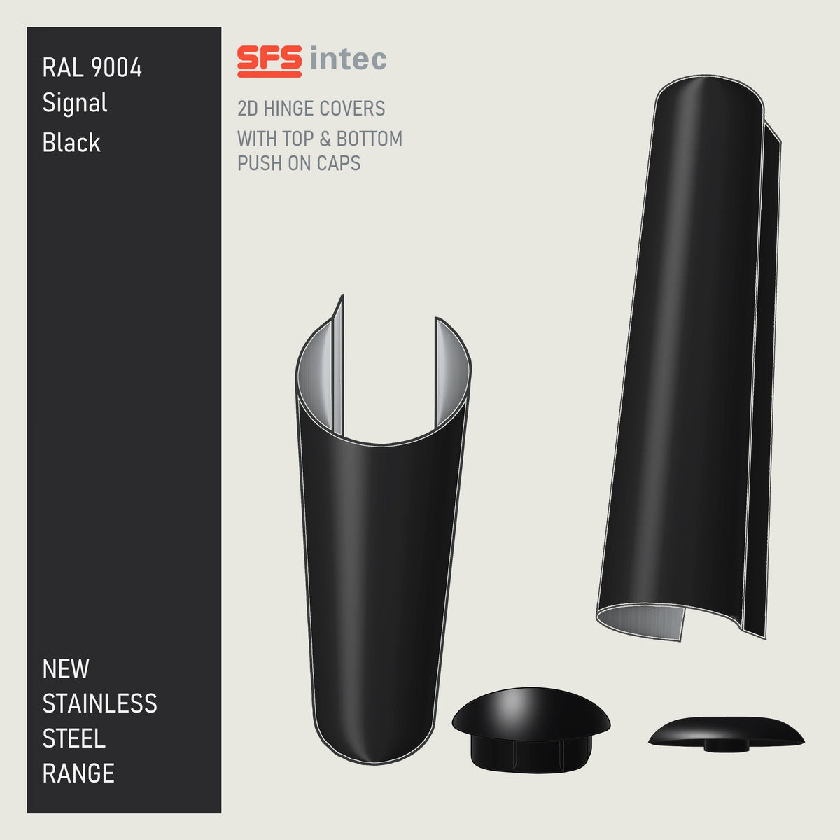 SFS Intec 2D door hinge barrel cover, stainless steel, Antique Black shown in matt Signal Black RAL 9004, with top and bottom push-on caps.