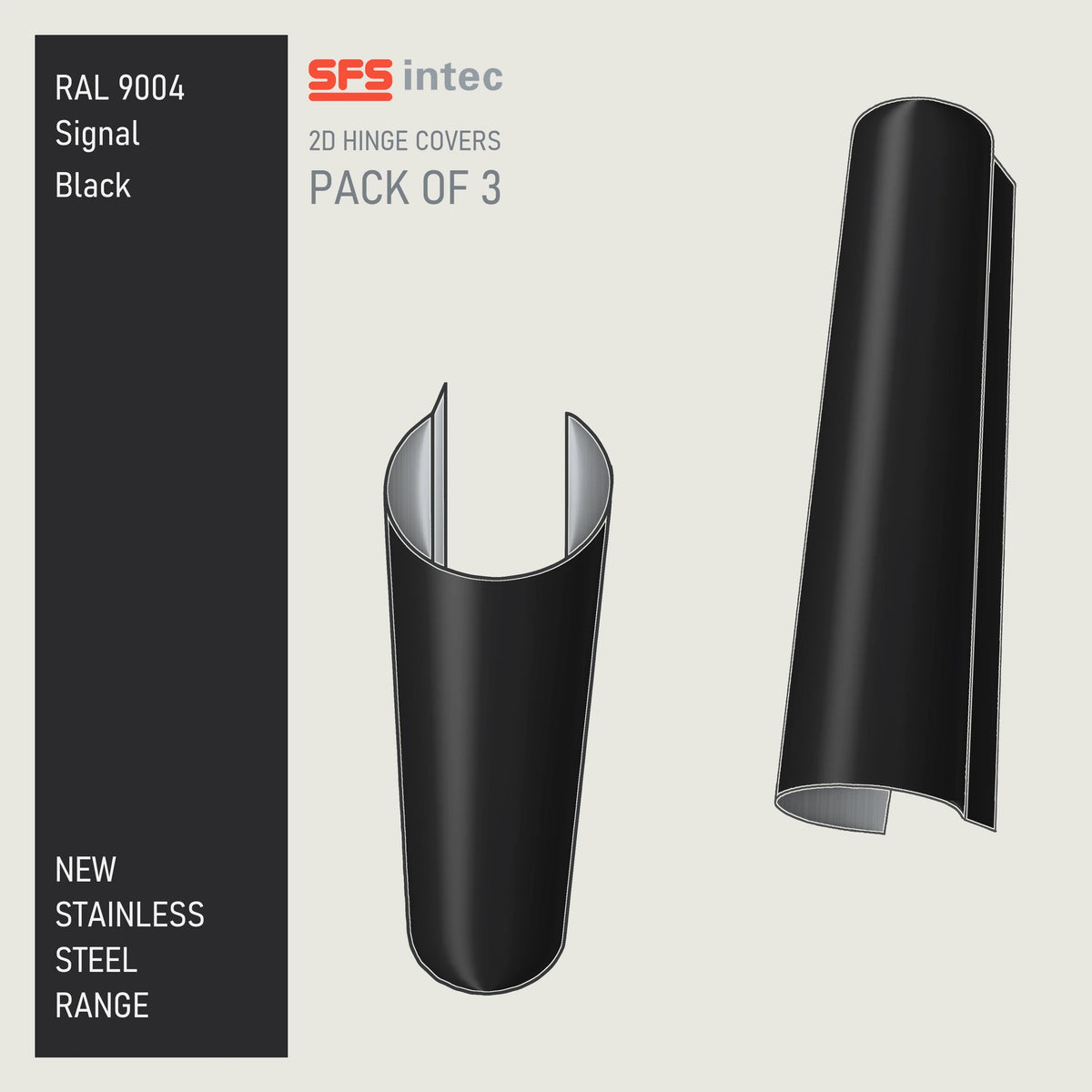 SFS Intec 2D door hinge barrel cover, stainless steel, Antique Black shown in matt Signal Black RAL 9004, pack of 3.
