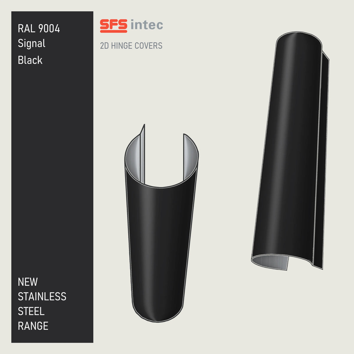 SFS Intec 2D door hinge barrel cover, stainless steel, Antique Black shown in matt Signal Black RAL 9004.