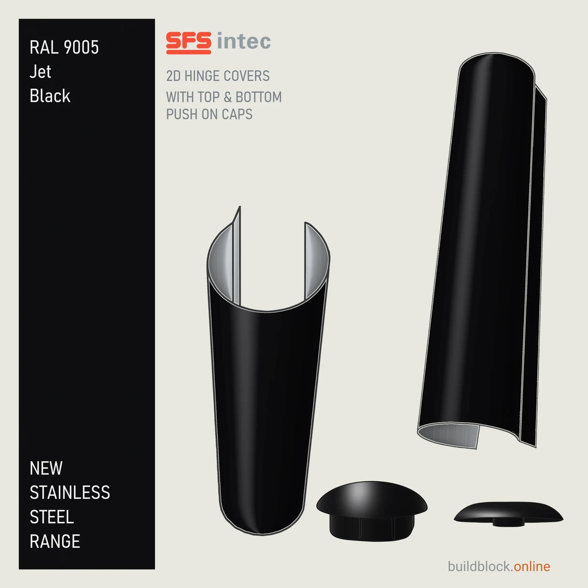 SFS Intec 2D door hinge barrel cover, stainless steel, RAL 9005 Jet Black, single cover with top and bottom push-on caps