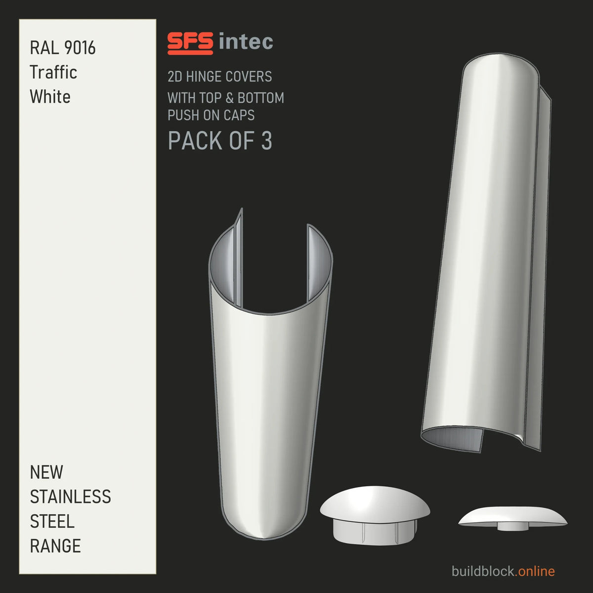SFS Intec 2D door hinge barrel cover, stainless steel, RAL 9016 Traffic White, pack of 3 with top and bottom push-on caps