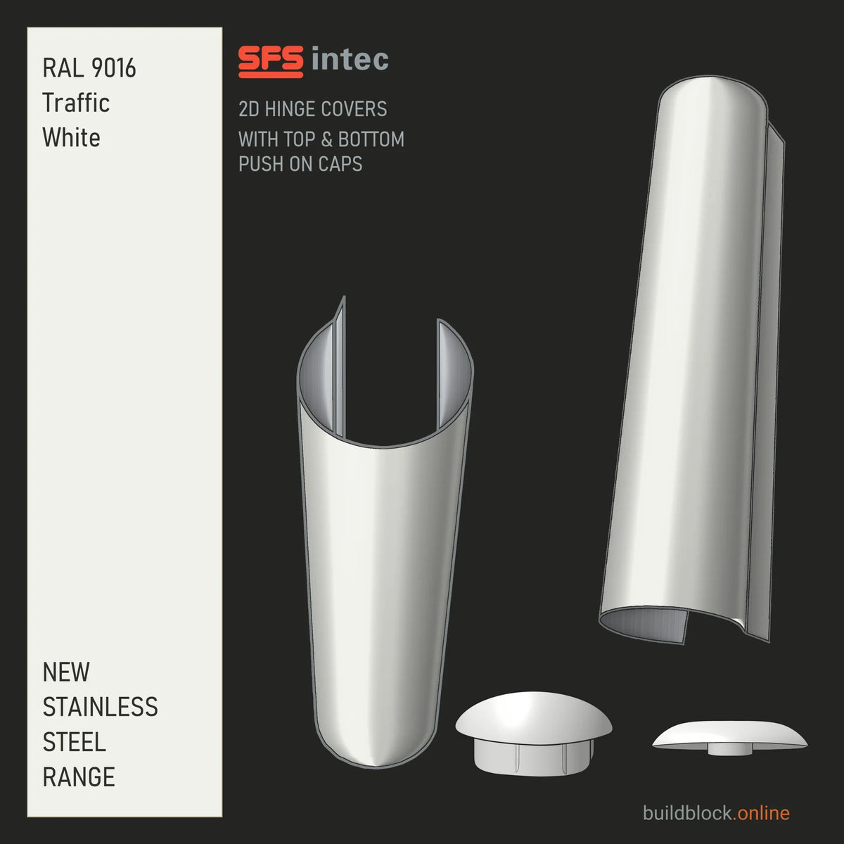 SFS Intec 2D door hinge barrel cover, stainless steel, RAL 9016 Traffic White, single cover with top and bottom push-on caps